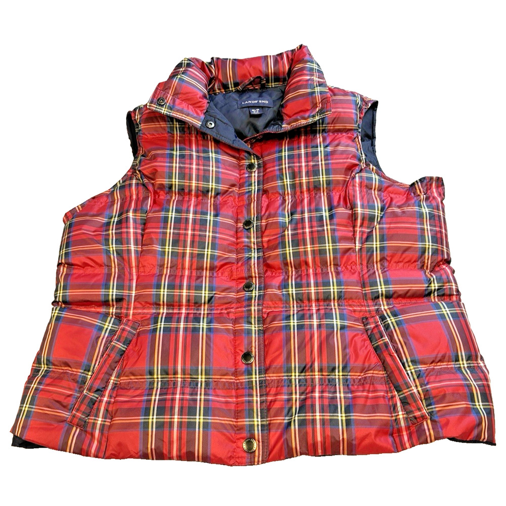 Lands End Girls Ladies Plaid Puffer Vest Multicolor Sz 10 12 P Down Insulated